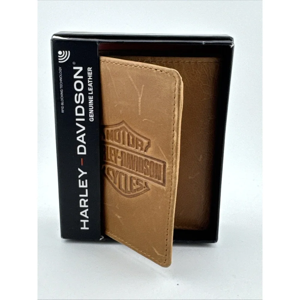 Harley-Davidson B&S Trifold Leather Wallet Tan RFID Blocking Technology